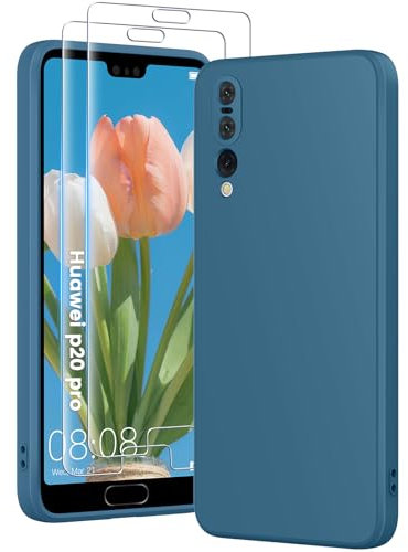PuyaTeya 3 in 1 Hülle für Huawei p20 pro, mit 2 Stück 9H Panzerglas Premium Liquid Silikon Hülle, mit 4-Layer stoßfeste abriebfestes, Soft Mikrofaserfutter Kratzfes Schutzhülle (bei Nacht Blue)