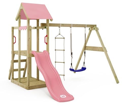 WICKEY Aire de Jeux TinyPlace portique en Bois avec balançoire et Toboggan, Tour d'escalade pour Enfants avec bac à Sable, échelle et Accessoires de Jeu pour Le Jardin. (Rose Pastel)