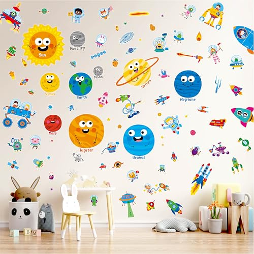 142 PCS Wandaufkleber Weltraum, Selbstklebende Vinylsticker, Universum, Sonnensystem, Planeten, Astronauten, Raketen, Sterne, Bunte Wanddekorationen für Kinderzimmer, Spielzimmer, Klassenzimmer