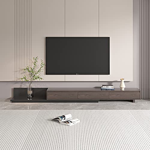 Extendable TV Unit with 3 Drawers | Adjustable Length 200-330cm (78.7-130), TV Stand for 65-Inch TVs, Space-Saving Media Console for Narrow UK Living Rooms & Apartments (Black walnut + Dark grey)