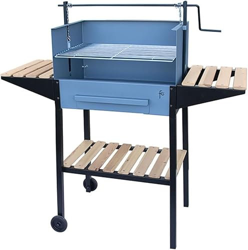 MF - Barbacoa de Jardín con Parrilla Ajustable, 141 cm Alto x 60 cm Ancho x 40 cm Fondo, Ruedas, Estantes de Madera, Fabricada en Plancha de Acero de 1,5 mm