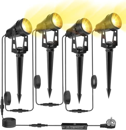 LAMPELIP Faretti da Giardino, 4 Pezzi/15M, 3000K Bianco Caldo 12V con Spina, Faretti per Giardino IP65 Impermeabile con Picchetto, Luci per Giardino per Sentiero, Patio, Alberi, Prato, Cortile