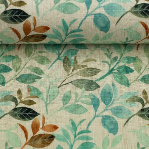 Viskose-Leinen Stoff Meterware – 70 % Viskose, 30 % Leinen – Öko-Tex Standard 100 – Blumen & Zweige Designs – ideal für Kleidung & Deko – ab 50 cm (Blätter, beige/aqua/braun)