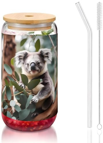WZYCWB Taza de vidrio con tapa de bambú de 16 onzas, diseño de koala, tazas de café helado, tazas de té helado, tazas de cerveza, ideales para accesorios de bar de café, regalos estéticos