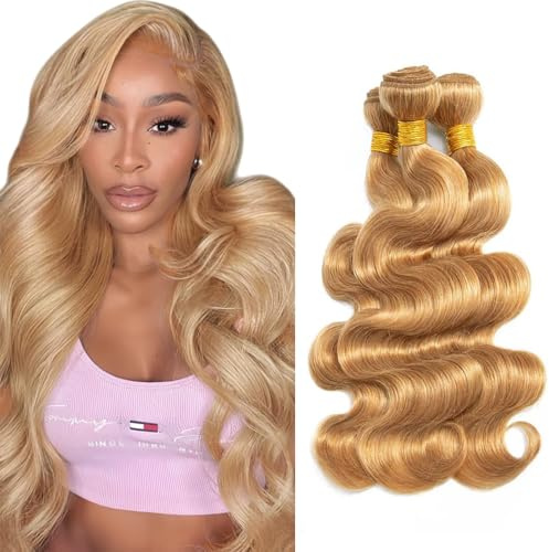 Tuheerst Human Hair Bundles 28 30 32 Inch Body Wave #27 Honey Blonde Color Soft Texture Tangle Free Glueless 50g/Bundle Total 150g Human Hair Extensions For Women