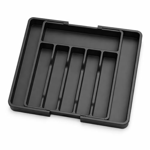 BrightedgeLiving Large Extendable Cutlery Drawer Organiser, Adjustable Cutlery Tray, Utensil Holder For Forks, Spoons, Knives, Plastic Kitchen Organiser and Storage, 8 Compartment, 33-57 x 38cm, Black