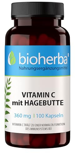 Vitamin C mit Hagebutte 360 mg – 100 Kapseln | Natürliche Quelle von Vitamin C & Pflanzenpulver (Rosa canina) von BIOHERBA