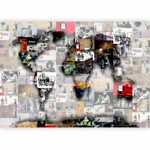 Fototapete murando 200x140 cm Vlies Tapeten Wandtapete XXL Moderne Wanddeko Design Wand Dekoration Wohnzimmer Schlafzimmer Büro Flur Weltkarte Banksy Abstrakt Continente Welt Graffiti