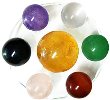 Mina Heal Set di 7 sfere in cristallo naturale realizzate in calcite gialla, ossidiana nera, quarzo rosa, quarzo chiaro, avventurina verde, ametista e agata rossa, pietre per chakra e fengshui