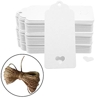Geschenk Anhänger Papieranhänger, 200pc Hohle Herzform Kraftpapier Etiketten/Hängeetiketten mit Gratis Natürlich Jute Schnur für Weihnachten Hochzeit Geburtstag Gefälligkeiten (Weiße)