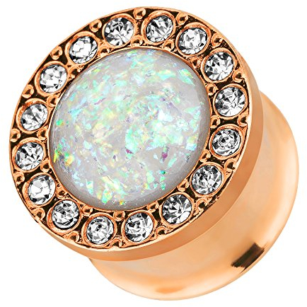 Piercingfaktor Flesh Tunnel Ohr Plug Piercing Ohrpiercing Vintage Tribal Ethno Boho Edelstahl Rosegold IP mit Kristallen und Opal Rose Gold 14mm