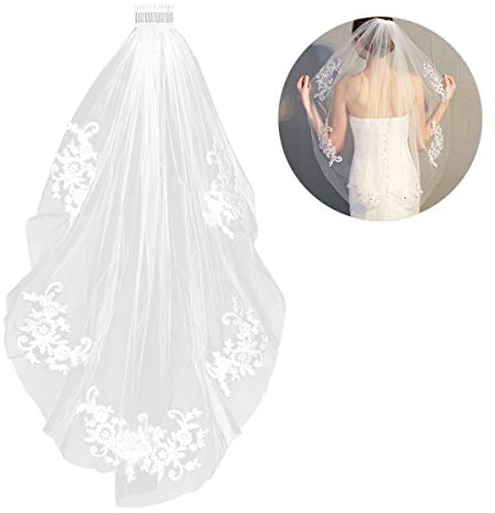 Elegent kurze Brautschleier Spitze Appliques Kristall Perlen Hochzeit Schleier mit Kamm (Weiß)
