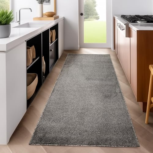 SIMPEX Läufer Teppich 80x150 cm Grau, Kurzflor, Einfarbig, Modern, Rechteckig, rutschfest, Pflegeleicht, Flurteppich für Küche, Diele, Wohnbereich