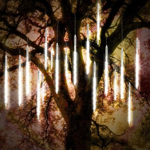 Christmas Lights Outdoor, Meteor Shower Lights 30cm/12inch 10 Spiral Tubes | Outdoor Decor, Waterproof Frost‑resistant Shock‑resistant，3.15m Lit Length 300 LEDs, for Holiday Party Tree Window, White