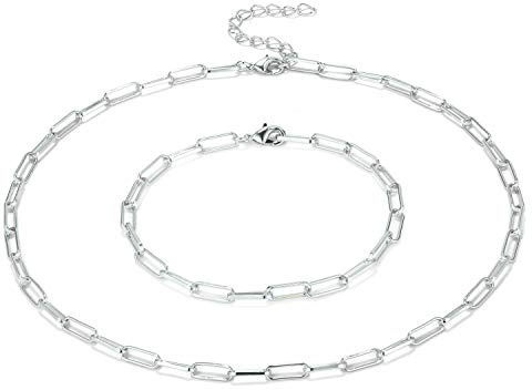 Silver 925/14K Gold Paperclip Chain Layered Necklace Bracelet Set Women