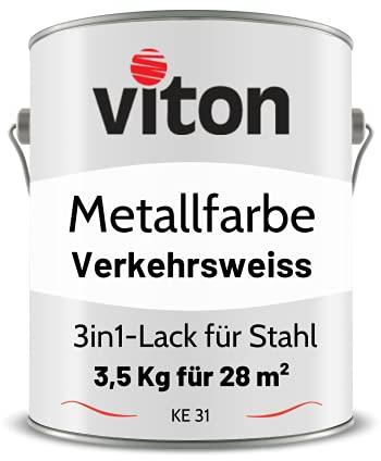 Viton Metallfarbe in Weiss - 3,5 Kg Metall-Schutzlack Seidenmatt - Dauerhafter Schutz & hohe Beständigkeit - 3in1 Grundierung & Deckfarbe - Metalllack direkt auf Rost - KE31 - RAL 9016 Verkehrsweiss
