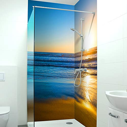 DRUCK-EXPERT Premium Duschrückwand 0,4 mm selbstklebendes Hart-PVC, Größe:2 x B 103 x H 240 cm Hochformat, Muster:Abendstimmung Meer