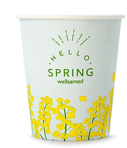 Wellsamed WELLSACUP 100 Stück Pappbecher 180 ml, Motiv Frühling, geeignet für Heiß- und Kaltgetränke, Coffee to Go, Business, Party