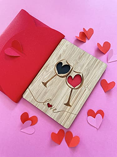 Romantic Wine Glass Toast Bamboo Love Card, Unique red gift envelope packaging.Perfect as an invitation for a date, for Valentines Day, Anniversary, Wedding, Birthday Gift for Her, Him