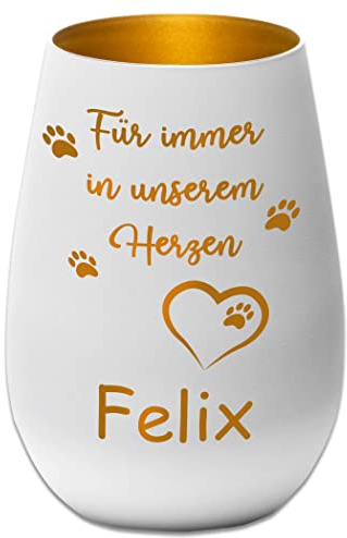 Trauerlicht Windlicht Haustier Hund Katze - Für Immer in unserem Herzen - weiß/Gold - Personalisierbar mit Gravur und Namen - Gedenklicht Erinnerungslicht Grablicht Trauergeschenk