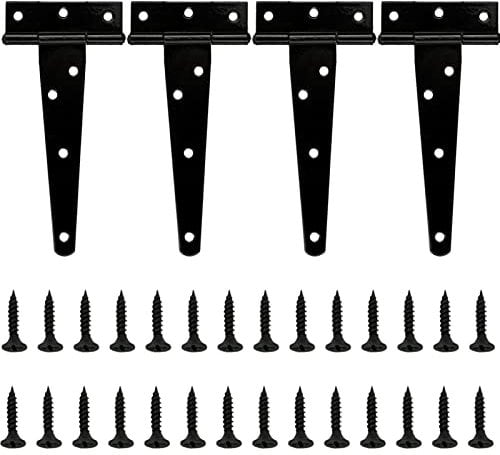 LAMXD 4 Pcs T Hinges, T-Strap Hinges, Metal Heavy Duty Gate Hinges, Tee Hinges with Screws for Sheds, Windows, Fence, Barn Gates Supplies (Black,6 Inch)