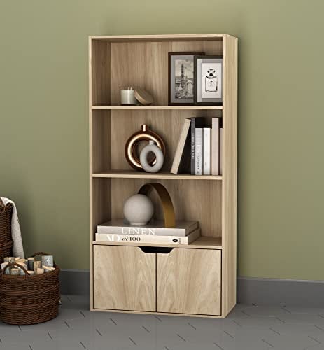 URBNLIVING 4 Tier Wide Wooden Bookcase Cupboard with 2 Doors Storage Shelving Display Shelf Cabinet Unit (Oak with Oak Doors)