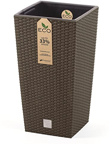 Blumenkübel Blumentopf Pflanzkübel ECO Wood Blumenkasten Quadrat Rattan Optik Höhe 55cm mit Pflanzeinsatz (Braun Rattan)