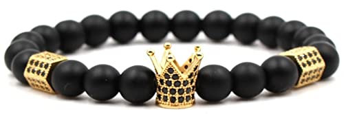 Aotiwe Edelstein Armband Frauen, Bracelet Beads Krone Schwarz Silber Glas 19cm mit Rundschliff Zirkonia