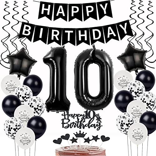 Schwarz Weiß Luftballons 10. Geburtstag Dekoration,Geburtstagsdeko 10 Jahre Junge Mädchen Tortendeko 10 Geburtstag junge Ballons 10. Junge Happy Birthday 10 Jahre Junge deko