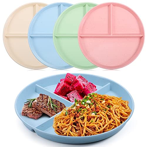 Lanjue 4Pcs Divided Dinner Plates, 9 inch Unbreakable Portion Control Divided Diet Plates Reusable Picnic Dishes for Adult Children Kids