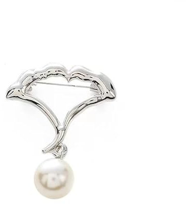 GIMIRO Elegante Silber Brosche mit Perle, Ginkgo-Blatt Design, Weißgold-Optik, Dekorative Anstecknadel für Blazer (Silver Fan)