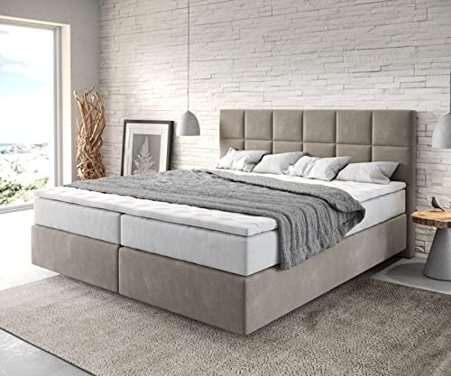 DELIFE Boxspringbett Dream-Fine Mikrofaser Beige 180x200 cm mit TFK Matratze und Visco Topper
