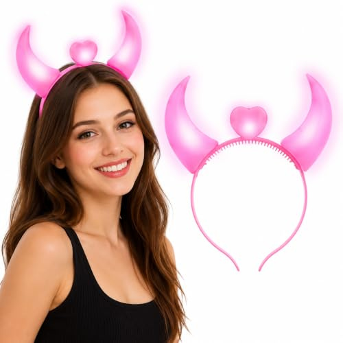 Beavorty LED Light Up Devil Horns Headband, Pink Flashing Glowing Horn Headpiece for Halloween Costume Party, Neon Glow in the Dark Hair Accessory for Kids & Adults