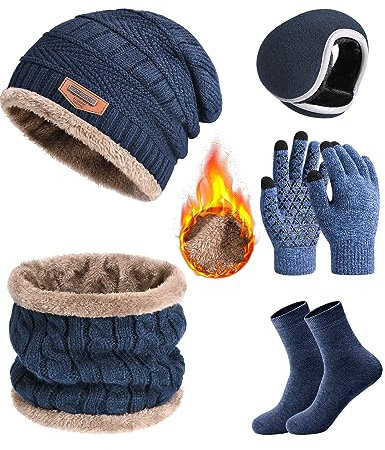Vijamiy Ensemble Bonnet Écharpe pour Homme Beanie Bonnet Hiver Foulard Polaire Doublé Gant Tactile Cache Oreilles Chaud Chaussettes Tricotés Thermiques 5 en 1(Bleu marine)