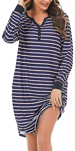 Nieery Womens Nightdresses & Nightshirts Long Sleeve, Cotton Nighties Nightgown Sleep T Shirt Dress Loungewear with Pockets (Navy+White+Blue, XXL)