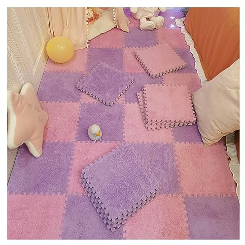 12 Stück – Plüsch-Puzzle-Schaum-Bodenmatte – Ineinandergreifende Teppichfliesen – Flauschige Puzzle-Matten, Quadratische Teppiche, 30 X 30 cm Große Schaumstoff-Bodenfliesen(Color:Rosa+Lila)