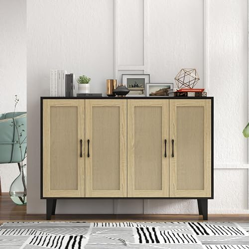 Panana Meuble de Rangement en Rotin et MDF, Buffets Haut Aspect avec 4 Portes sur Salon, Chambre, 127 x 38 x 83 cm (Noir et Bois)