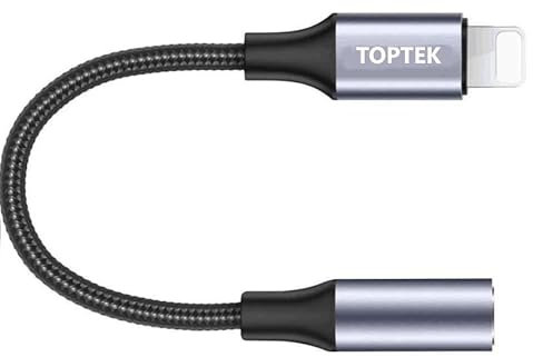 TOPTEK Premium Adapter compatible with iPhone to AUX 3.5mm headphone Jack adapter for Apple iPhone, iPad & iPod 1 pack