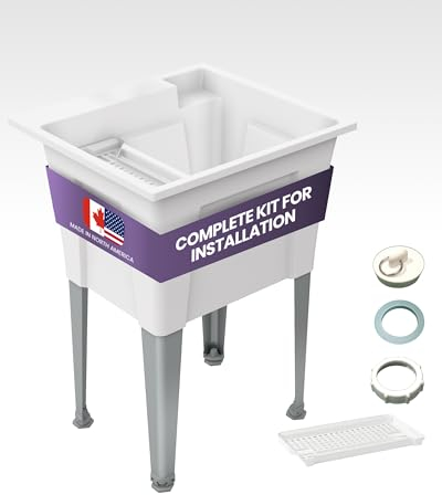 Fregadero de pie con patas de acero – Fregaderos utilitarios de 24 pulgadas que ahorran espacio para lavandería, garaje, jardín, sótano – Noah William Home para interiores y exteriores (blanco)