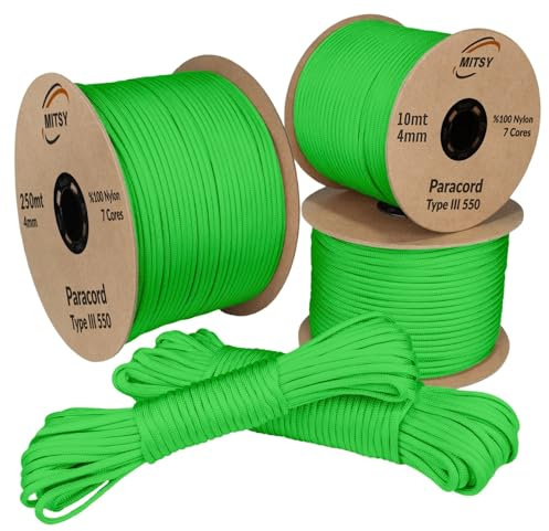 MITSY Paracord 550 Typ III Nylon Schnur 4 mm 10 Meter Phosphorgrün | Fallschirmschnur, 7 Kern Seil, Reißfest & Wetterfest, Allzweckseil für Camping, Outdoor & Survival, 10m, 25m, 50m, 100m, 250m