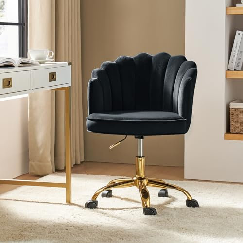 HULALA HOME Velvet Office Chair with Gold Base, Modern Cute Shell Back Upholstered Desk Chair for Vanity, Adjustable Swivel Task for Living Room BLACK