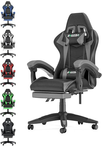 bigzzia Silla Gaming,Silla Ergonómica para Videojuegos, Oficina y Estudio, Silla Gaming con Cojín Lumbar y Reposacabezas, Regulable en Altura(con reposapiés, Gris)