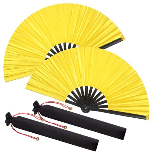 Maitys Großer Rave-Fächer für Line Dancing, groß, holografisch, faltbar, Handfächer für Männer und Frauen, Festival, Tai Ji, Kungfu, Kampfkunst, Geschenke, Party, Lasergelb, 2 Packungen