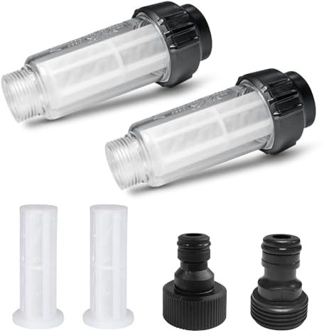 Wasserfilter Gartenschlauch Set, 2 Stück 3/4 Zoll Wasser Vorfilter Wohnmobil Wasserfilter mit 4 Filtereinsatz & 2 Schnelladapter, Filter für Brunnenwasser, Hochdruckreiniger, Gartenpumpe, Wasserhahn