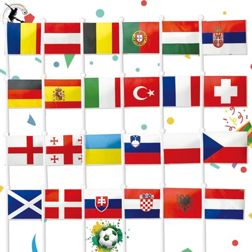 Shinybox Em 2024, 24 Länder Handgehaltene Flaggen, EM Flagge Klein für Euro Fußball 2024, Fussball EM 2024 Europa Flagge, 2024 Flagge der Fußball-Europameisterschaft für Garten Bar Party Deko(B)