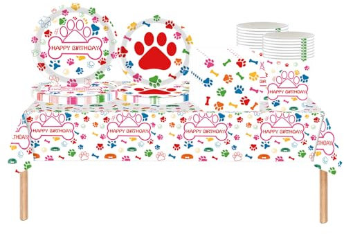 69pcs Rainbow Paw Print Dog Birthday Party Tableware,Dog Birthday Tablecloth,Paper Plates,Napkins Serviettes and Cups for Kids Puppy Themed Birthdays Party Supplies,Dogs Birthdays Parties Decorations
