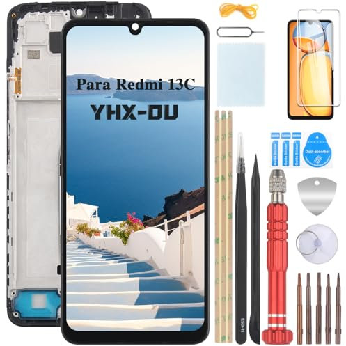 YHX-OU Pantalla Negra de 6,74 Pulgadas con Marco para Xiaomi Redmi 13C 23100RN82L, 23106RN0DA, 23108RN04Y, 2311DRN14I, Pantalla Táctil LCD, Digitalizador, Montaje de Cristal con Herramienta