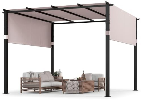 GOPLUS Pérgola Jardín 3x3M Pérgola Exterior con Toldo Retráctil y Marco Metálico Robusto, Refugio Solar para Parrilla de Patio y Gas Ebo para Jardín, Piscina, Veranda (Gris)