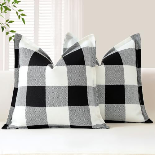 Sungeek 2er Set Buffalo Plaid Tartan Kissenbezüge, Dekorativ Zierkissenbezüge Weihnachten Kariert Kissenbezug Dekokissen Deko Bezug Kissenhülle für Sofa Schlafzimmer Wohnzimmer 40x40cm (Weiß+Schwarz)
