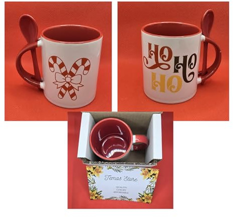 Temas Store 11 Oz Coffee Mug with Spoon | Ceramic Red Handle Coffee Mug Gifts for Women and Men | Two-Tone Mug with Spoon in Handle (Multi)